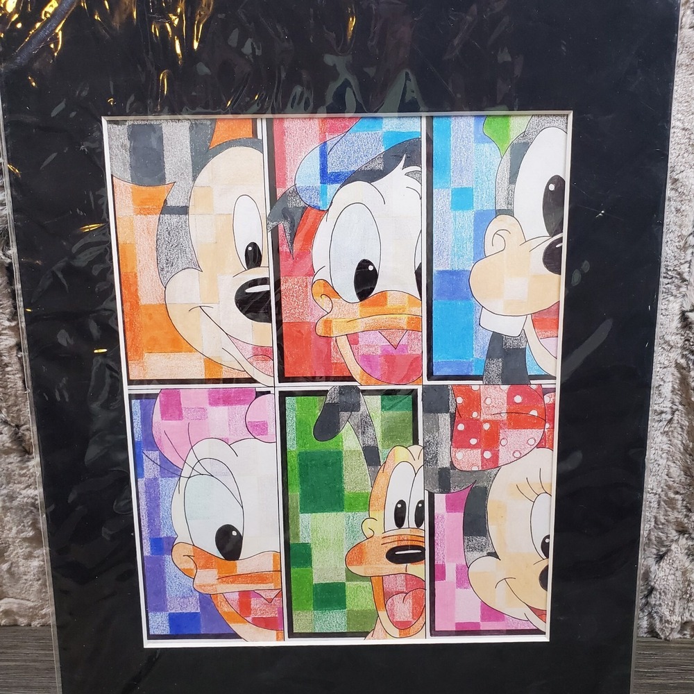 Disney Character Color Block Colored Pencil Drawing, Matted Mickey Minnie & Gang